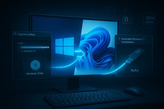 Blue-tinted PC setup showing Windows 11 install with Rufus USB and ISO, plus a Registry Editor overlay.