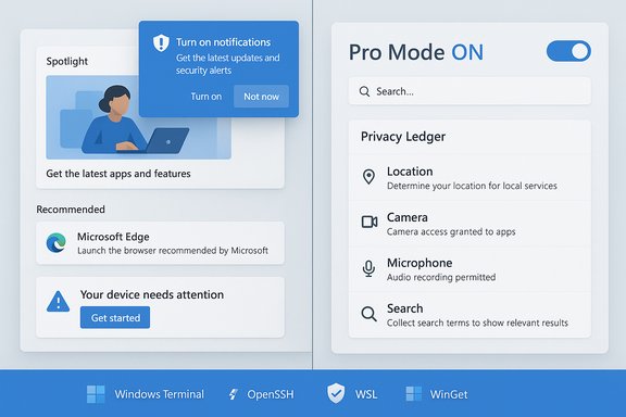 Split-screen UI: left shows notifications and recommendations; right shows Pro Mode with privacy controls.