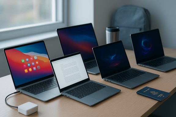 Several laptops are open on a wooden desk by a window, with a backpack, travel mug, and blue passport nearby.