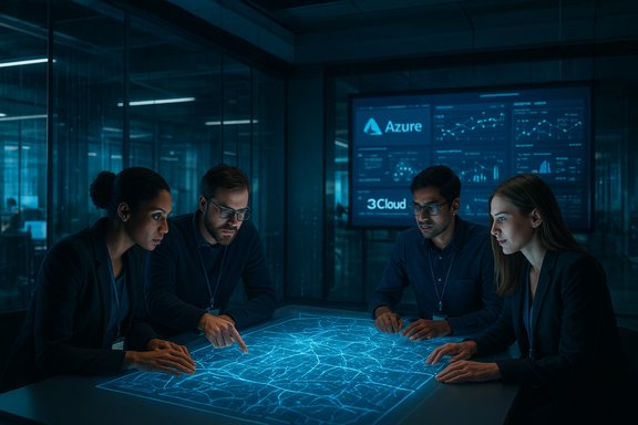 Diverse team collaborates around a glowing interactive map table in a high-tech data room.
