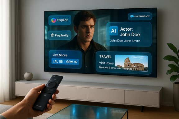 Remote in hand as TV displays a futuristic AI actor interface.