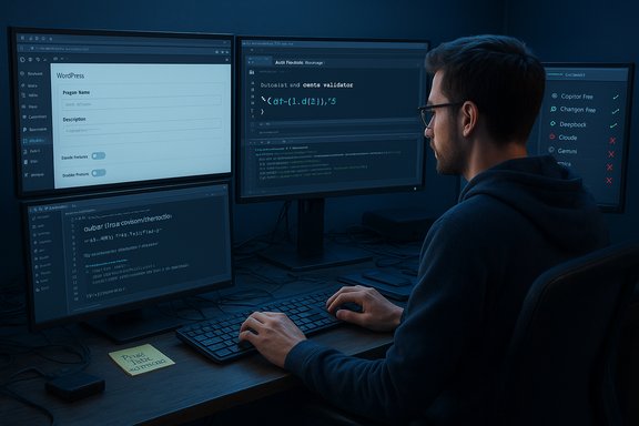 Programmer works across four monitors, coding and debugging in a dim blue-lit setup.