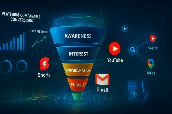 A digital marketing funnel from Awareness to Purchase, with platform icons like YouTube, Shorts, Gmail and Maps.