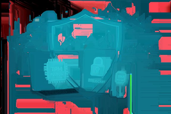 Blue tech illustration showing TPM and BitLocker security icons behind a shield.