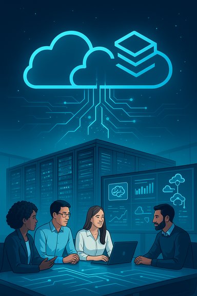 A team collaborates in a data center, connected to cloud computing and analytics.
