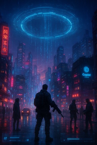 A rainy cyberpunk cityscape with a giant glowing blue ring overhead and armed figures among neon-lit skyscrapers.