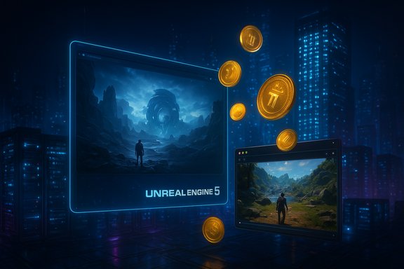 Unreal Engine 5 display shows a lone traveler in a surreal alien landscape as gold coins float by.