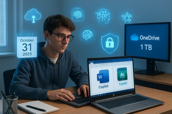A man works on a laptop with Copilot AI, glowing cloud icons, and a OneDrive 1TB monitor.