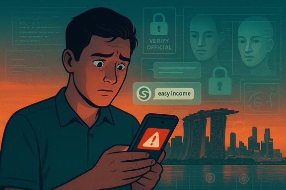 A worried man looks at his phone as a fake 'easy income' scam alert pops up.