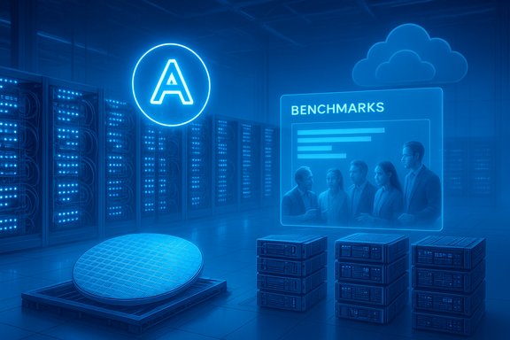 Blue-toned data center with a neon A sign, cloud icon, a Benchmarks hologram, and stacked server racks.