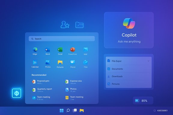 A futuristic blue Windows‑style desktop featuring Copilot and floating app icons.