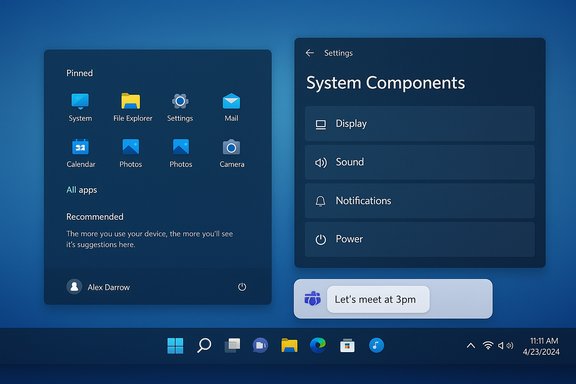 Windows 11-style desktop with pinned apps on the left and a System Components settings panel on the right.