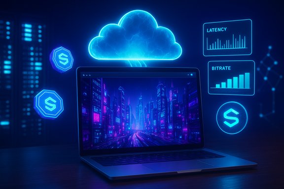 Neon blue cloud computing scene with a laptop displaying a futuristic city, and latency and bitrate graphs.