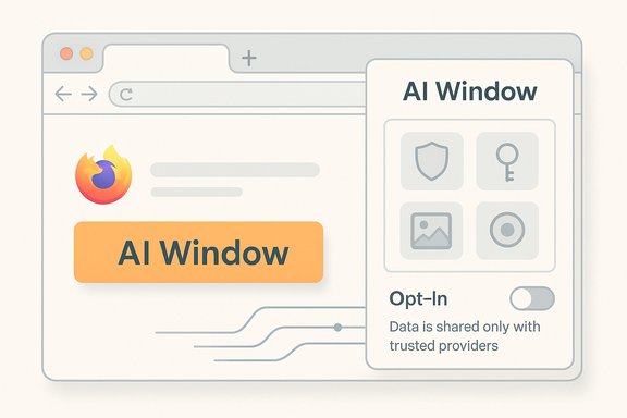Stylized browser with a right-side AI Window panel and a large orange AI Window button.