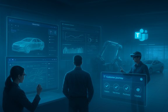 Team analyzes car design and analytics on holographic screens in a high-tech lab.