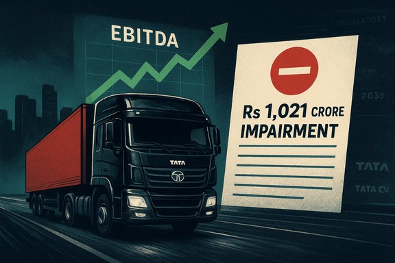 Tata truck on a highway beside a chart showing rising EBITDA and a Rs 1,021 crore impairment.