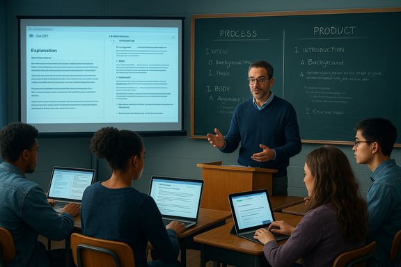 Instructor at a podium lectures to students using laptops in a classroom.