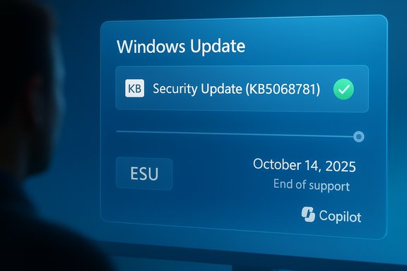 Windows Update screen showing a security update KB5068781 with a green checkmark and end-of-support date Oct 14, 2025.