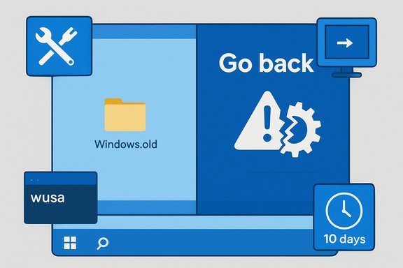 Windows desktop showing Windows.old and a Go back prompt to revert to a previous Windows version.