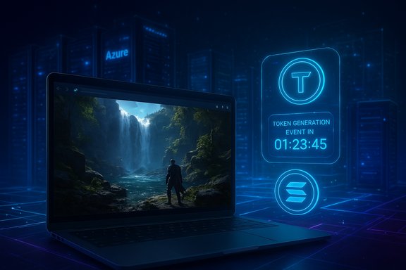 Laptop displays a waterfall as a neon token countdown glows in a futuristic data center scene.