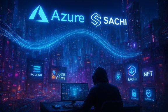 A hooded figure at a desk in a neon blue cityscape with Azure and SACHI branding.