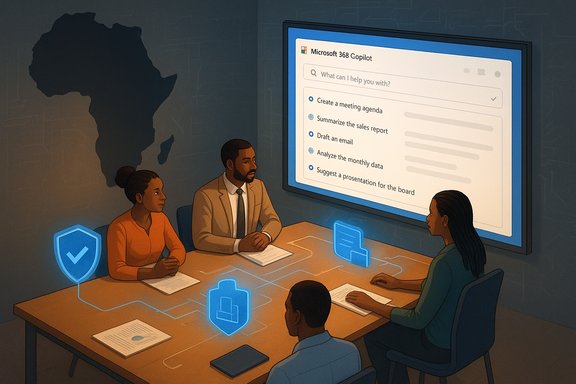 Diverse team in a meeting, with Africa map on wall, using a large screen and holographic AI icons.