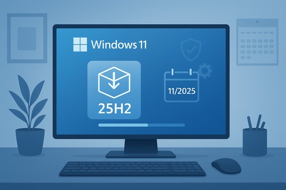 Windows 11 25H2 update in progress on a blue desk setup.