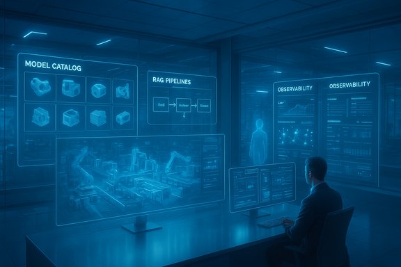 A worker monitors holographic dashboards showing model catalogs, pipelines, and observability in a high-tech lab.