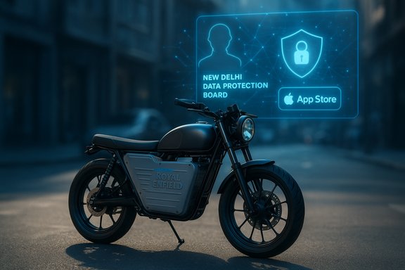 A Royal Enfield motorcycle on a city street with a blue holographic data protection interface.