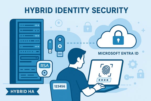 Illustration of hybrid identity security using Microsoft Entra ID with cloud, RSA, and fingerprint login.