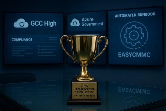 A gold trophy sits on a glass table, with blue backdrops displaying GCC High, Azure Government, and EasyCMMC.