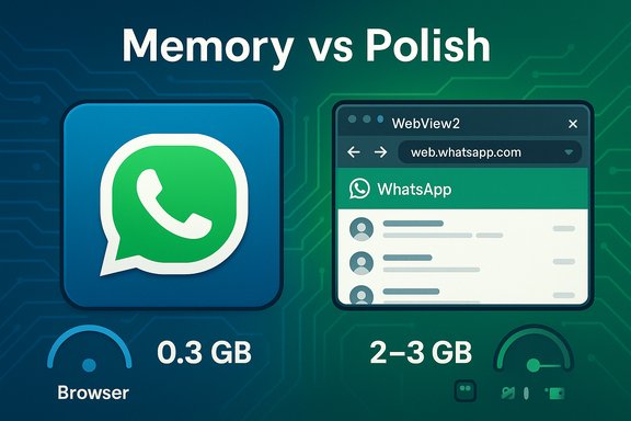 Memory vs Polish: WhatsApp app uses 0.3 GB, WhatsApp Web uses 2–3 GB.