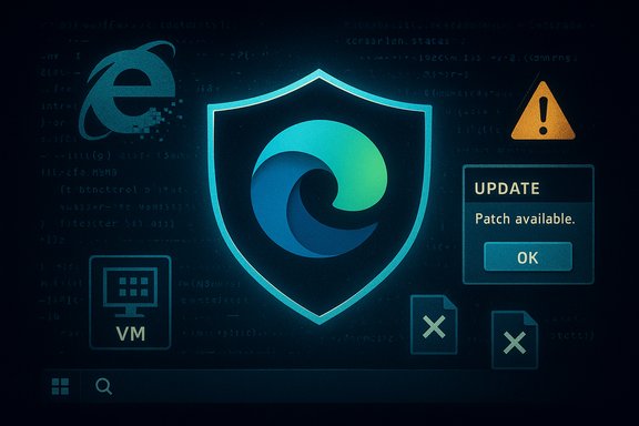 Cybersecurity-themed UI with a glowing shield, Edge logo, update alert, and warning symbols.