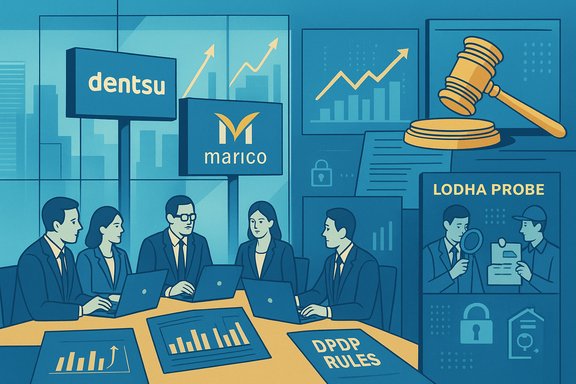 A corporate team debates DPDP rules in a boardroom with laptops, graphs, and logos like Dentsu and Marico.