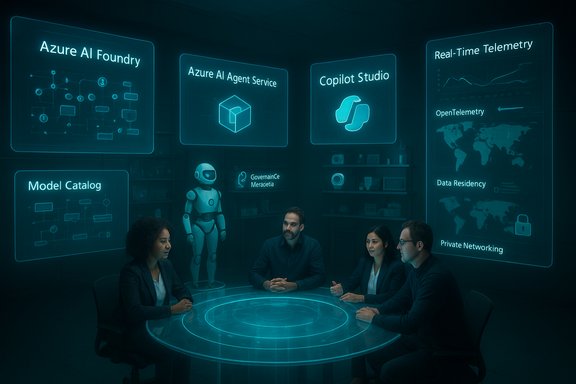 A four-person team gathers around a glowing circular holographic table in a futuristic AI command room.