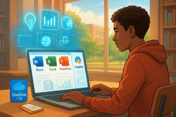 A student sits at a desk in a library, typing on a laptop with glowing productivity icons above.