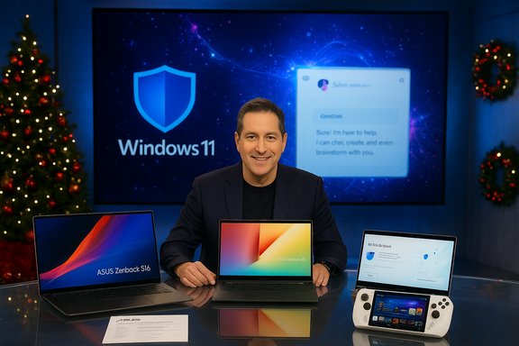 Smiling presenter showcases Windows 11 on a large screen with three laptops on a desk. Smiling presenter showcases Windows 11 on a large screen with three laptops on a desk.
