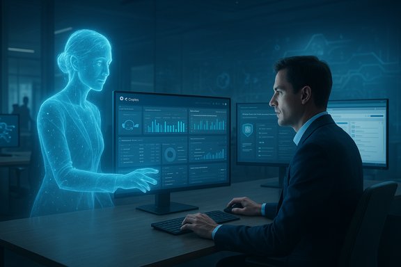 A man in a suit works at a desk as a blue holographic woman guides him.
