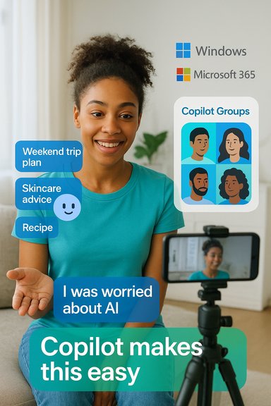 Smiling woman records a Copilot AI session with Windows and Microsoft 365 branding.