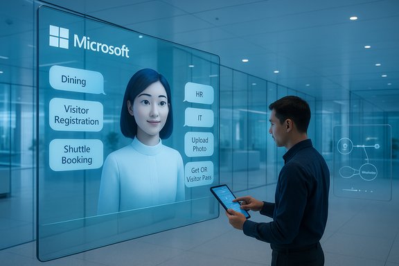 A man uses a tablet to interact with a large Microsoft holographic display showing a virtual receptionist.