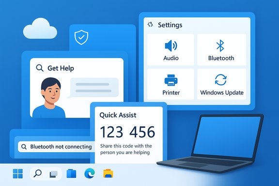 Blue Windows-style interface showing Get Help, Quick Assist, and a Settings panel.