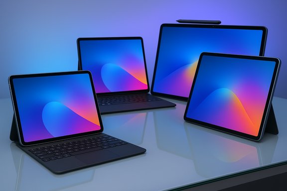 Four tablets with keyboards and a stylus sit on a glass table, displaying vibrant gradient screens.