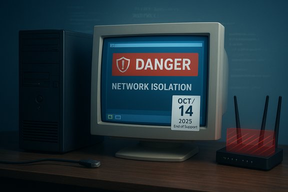 Monitor shows DANGER: NETWORK ISOLATION with an End of Support date Oct 14, 2025.