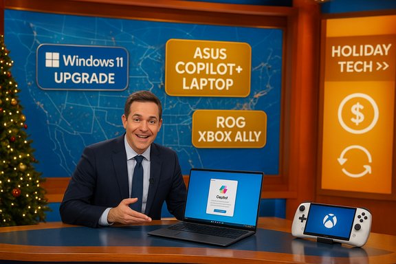 TV host showcases Windows 11 upgrade and ASUS Copilot+ laptop on a blue tech set.