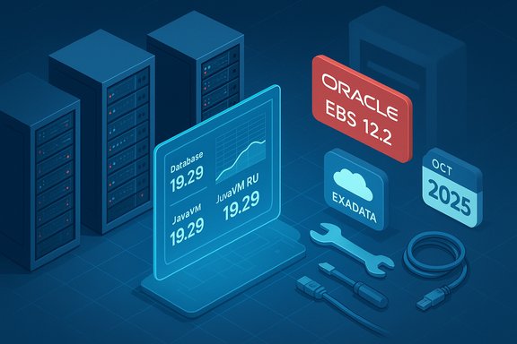 Isometric data center scene showing Oracle EBS 12.2, Exadata, servers, and maintenance tools.