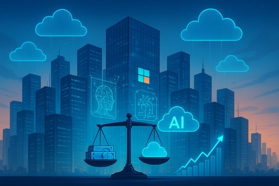 Futuristic cityscape with AI clouds, data panels, and a scale symbolizing tech ethics.