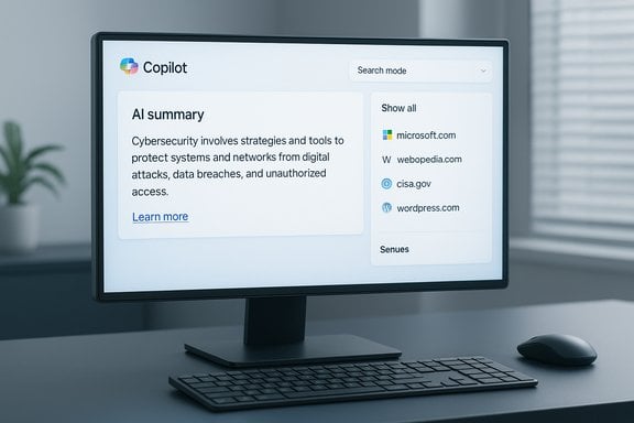 A computer monitor displaying Copilot's AI summary on the left and a links panel on the right.