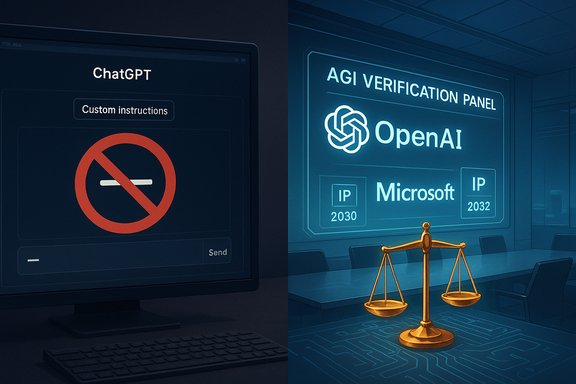Split view: ChatGPT UI on the left, and an AGI verification panel (OpenAI, Microsoft) on the right.