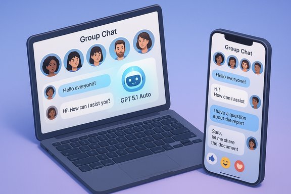 Group chat UI on a laptop and smartphone, showing avatars and a GPT-5.1 Auto assistant.