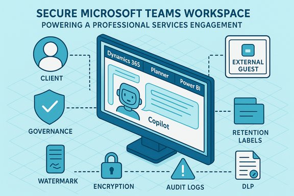 Infographic showing a secure Microsoft Teams workspace with governance, encryption, audits, DLP, and retention controls.